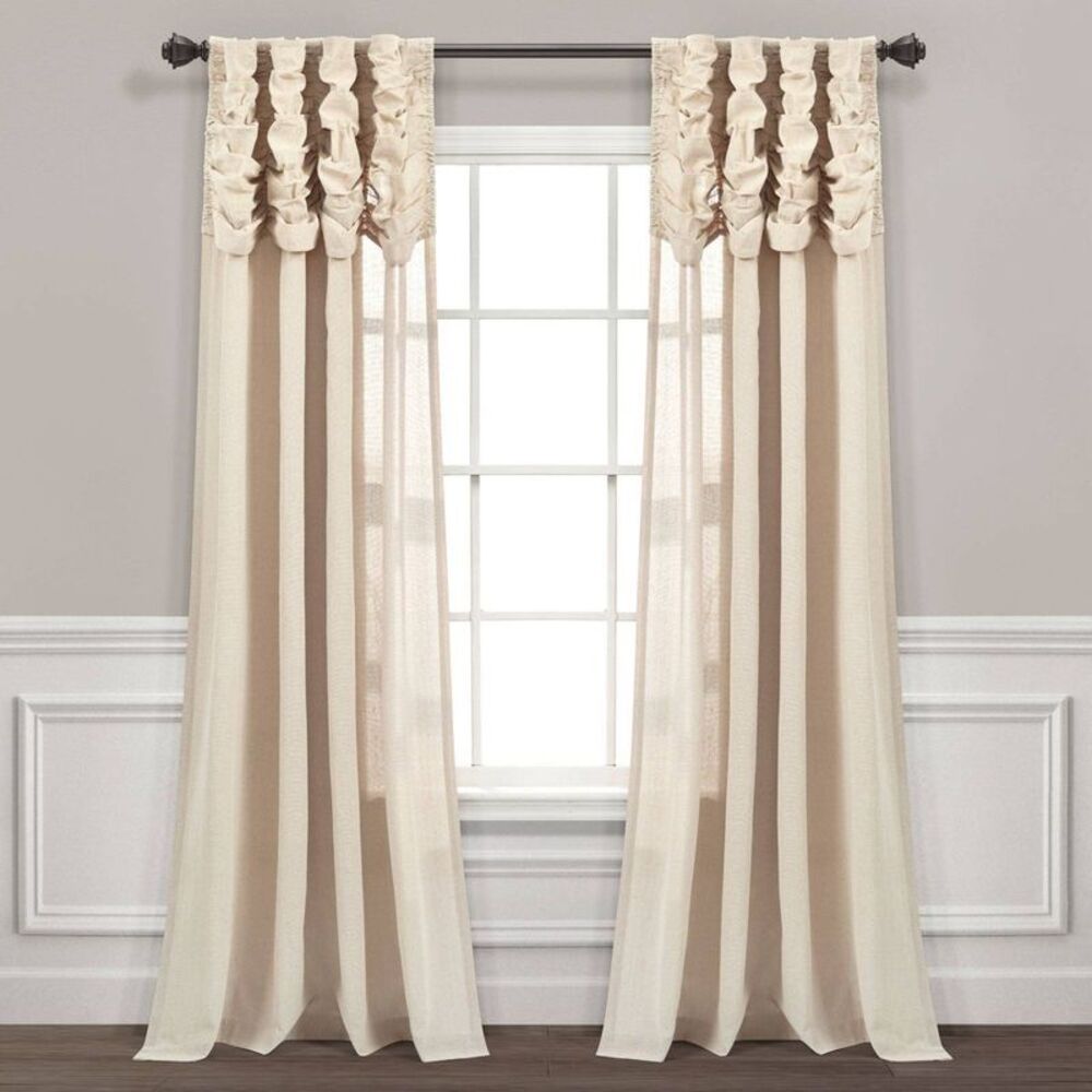 Ruffled Top Sheer Curtain Panels in Cream and Beige